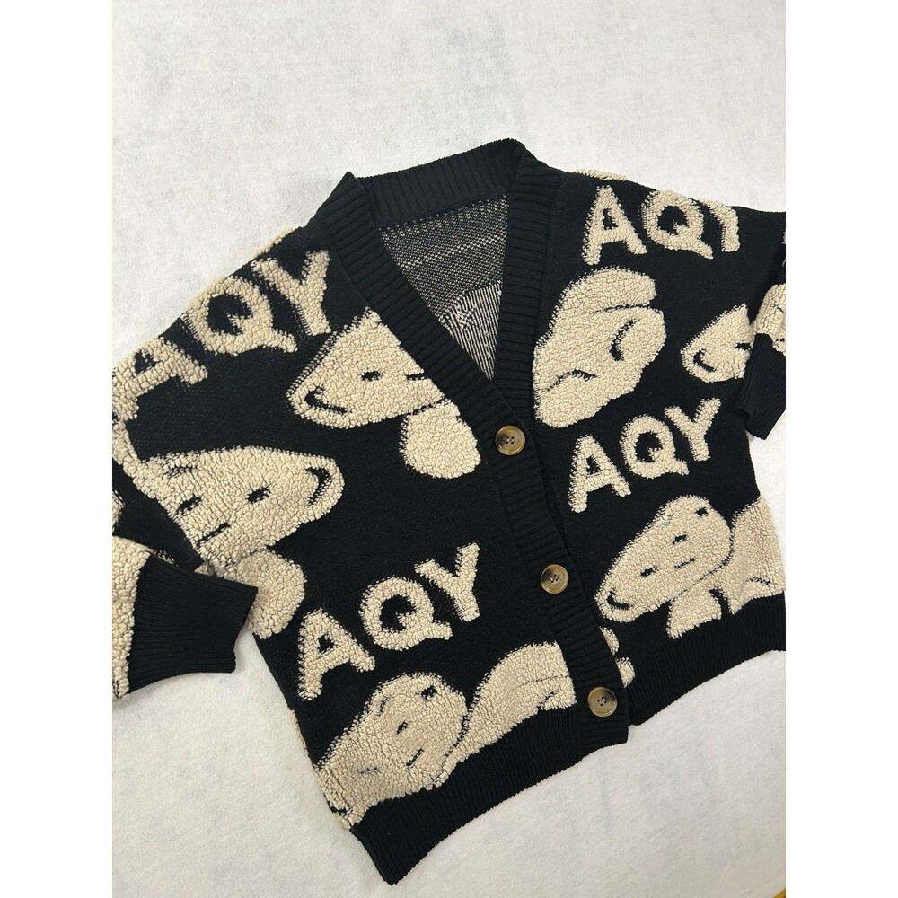 AQY Bear Sweater Cardigan Womens L XL Black Long Sleeve Chunky Harajuku Y2K - Picture 2 of 9